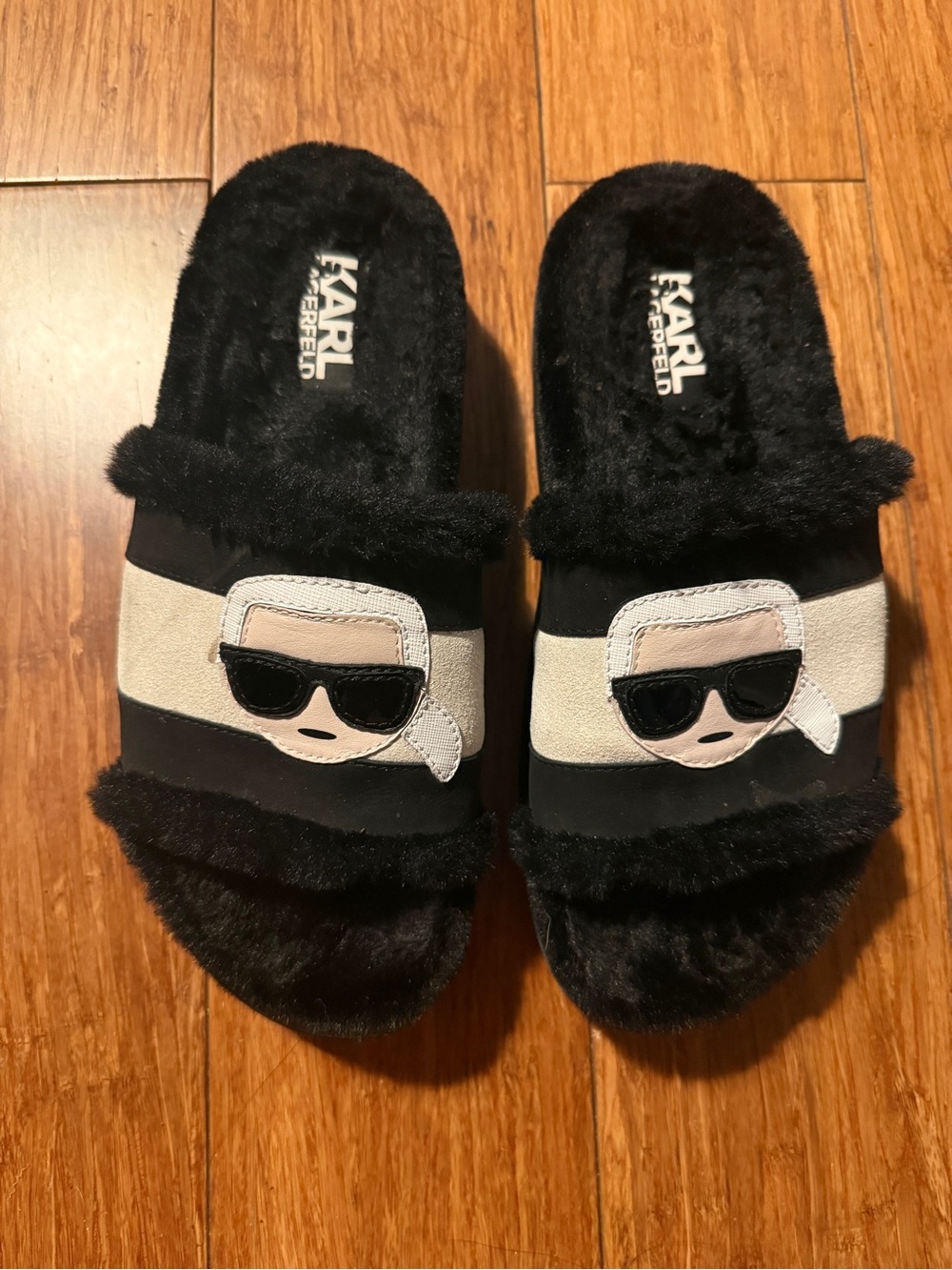 Karl Lagerfeld Black Faux-Fur Kids Slide Slippers with Icon Patch